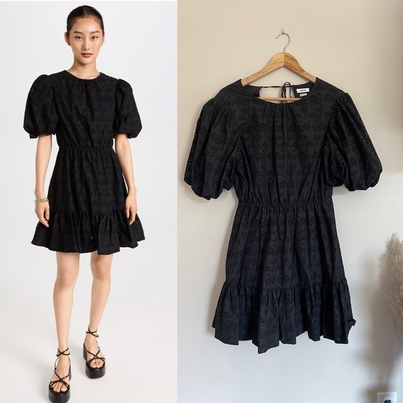 Jason Wu | Black Eyelet Back Cut Out Puff Sleeve Dress - Picture 1 of 15